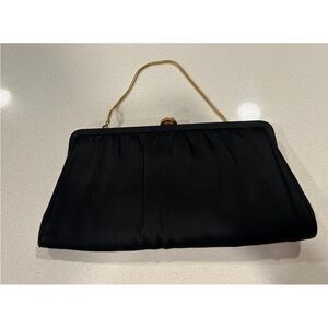 Vintage 1960 Made in USA Black Evening Clutch with Gold Handle